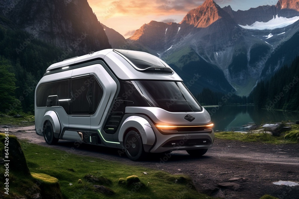 Futuristic electric camper van in mountain. Generative AI