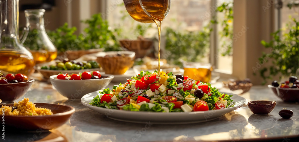 Greek salad, oil pouring on kitchen background
