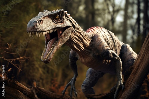 A velociraptor in its natural habitat eating while the background is visible. Generative AI © Jahzara