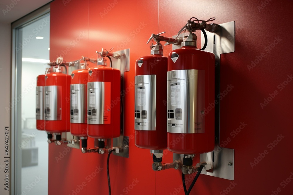 Wall-mounted emergency fire suppression system suitable for industrial use. Generative AI