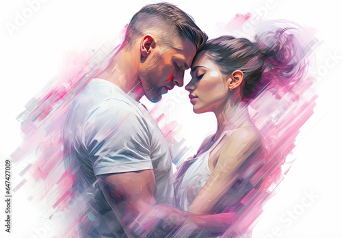 Passionate kiss between charming handsome lovers. Colorfull image of loving couple. Cropped close up profile. Digital art in brush stroke style. Illustration for cover, card, interior design or print.