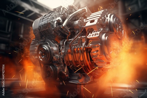 Dynamic V8 engine featuring moving pistons and crankshaft, set against a digital backdrop. Captivating ignition and explosions showcase technology and industry. Striking 3D rendering. Generative AI