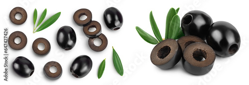 Black olives with leaves isolated on a white background with full depth of field. Top view. Flat lay