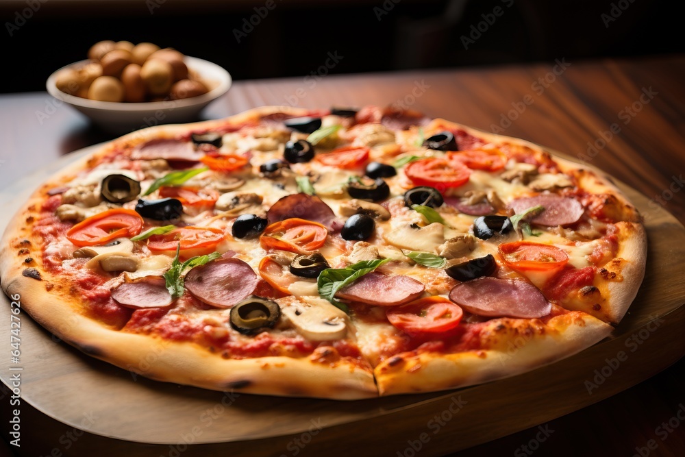 Homemade Capricciosa pizza made of ham and cheese. Traditional Italian pizza. Capricciosa pizza made of fresh ingredients.
