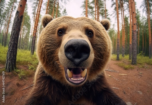 Close-up portrait of a bear in a clearing in the forest. Detailed image of the muzzle. A wild animal is looking at something. Illustration with distorted fisheye effect. Cover design, postcards.