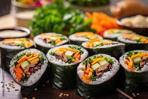 A vibrant and appetizing platter of gimbap or kimbap, showcasing the colorful and neatly rolled seaweed-wrapped rice rolls filled with an assortment of fresh vegetables, meat, and pickled ingredients.
