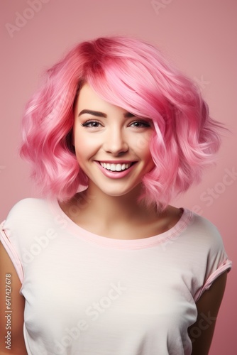A smiling girl with a pink square in a photo studio. Generation Z © artem