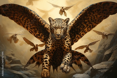 Leopard with multiple heads and wings as prophesied in Daniel 7. Generative AI