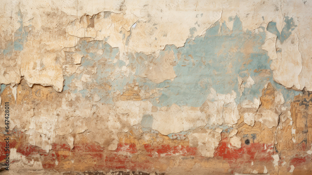 Vintage wall with rough cracked paint, old fresco texture background - obrazy, fototapety, plakaty 