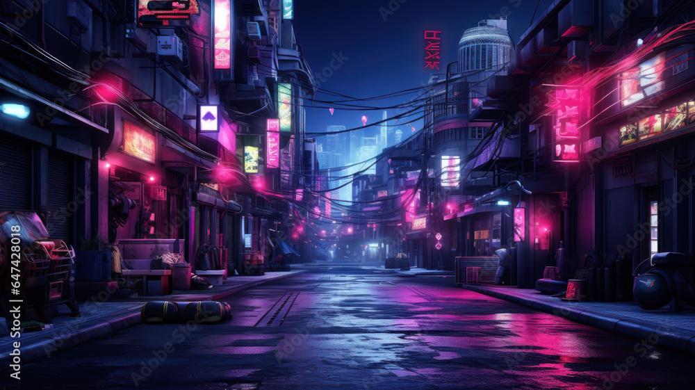 Dark street in cyberpunk city at night, buildings with neon lights - obrazy, fototapety, plakaty 