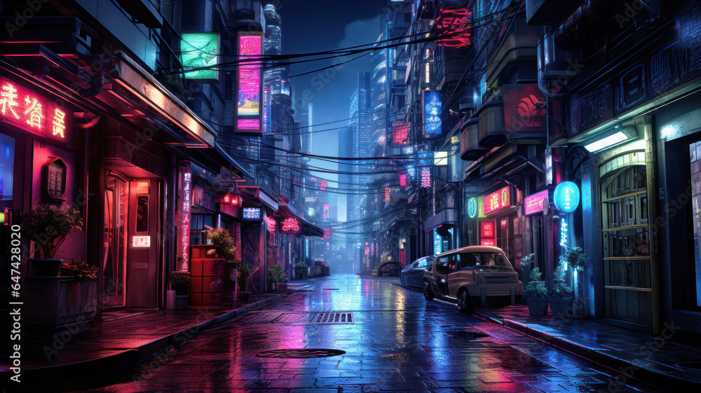 Φωτογραφία Asian cyberpunk city in rain at night, dark street in neon lights