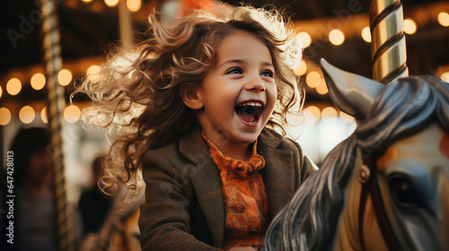 Happy toddler kid joyfully ride a carousel horse. Classic round carousel with horses, magic childhood, amusement park. 