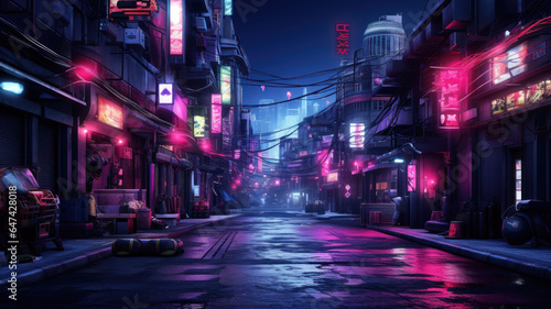 Dark street in cyberpunk city at night  buildings with neon lights