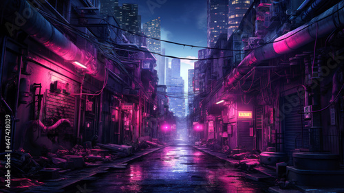 Street in cyberpunk dystopian city at night, dark alley in neon lights