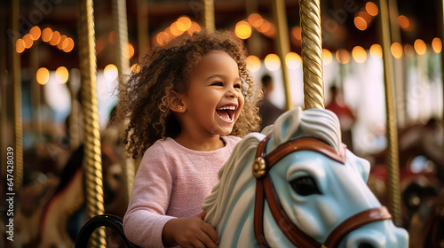 Happy toddler kid joyfully ride a carousel horse. Classic round carousel with horses, magic childhood, amusement park.  © SnowElf
