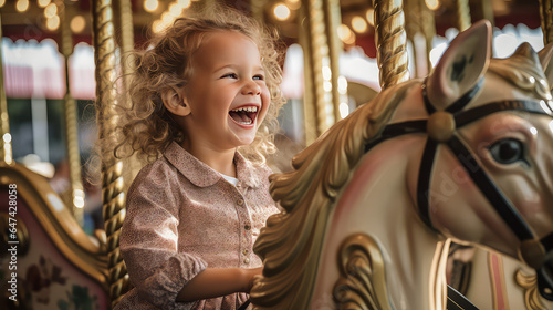 Happy toddler kid joyfully ride a carousel horse. Classic round carousel with horses, magic childhood, amusement park. 