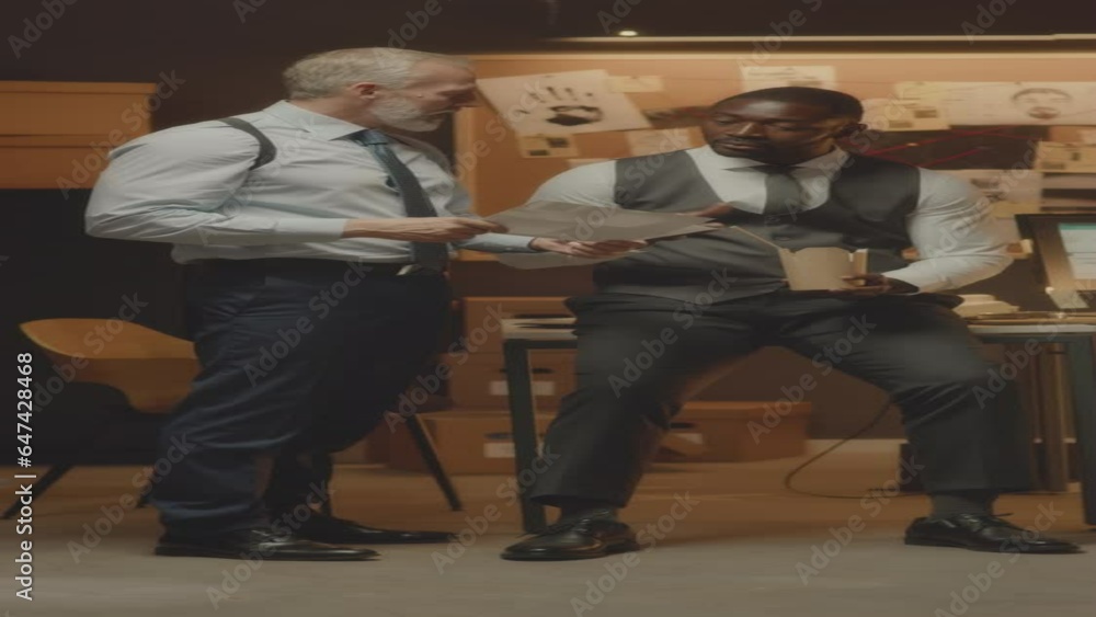 Vertical full length shot of two diverse detectives discussing criminal case and having late lunch while coworking in office at night Vertical full length shot of two diverse detectives discussing criminal case and having late lunch while coworking in office at night