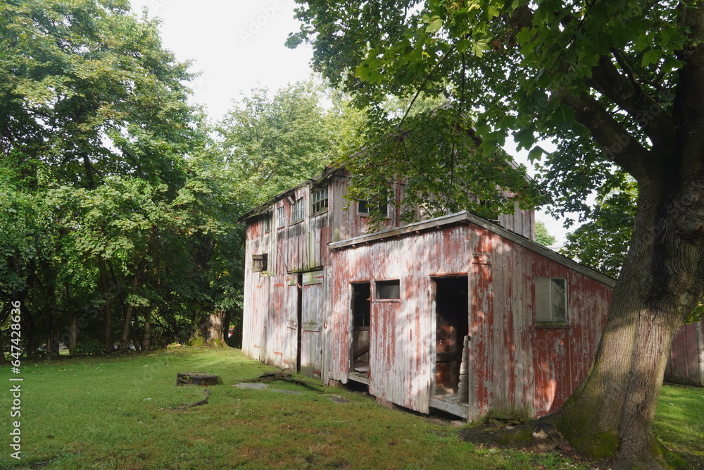 Abandoned Peeling Red Barn Amidst Green Trees and Lawn Abandoned Peeling Red Barn Amidst Green Trees and Lawn
