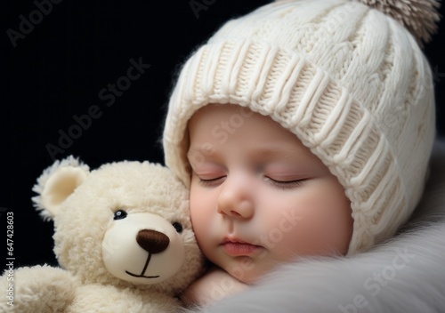 Sleepy newborn baby in a white knitted hat and bear © Diatomic