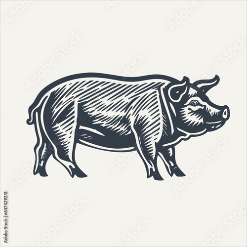 Detailed pork icon. Vintage woodcut engraving style vector illustration.