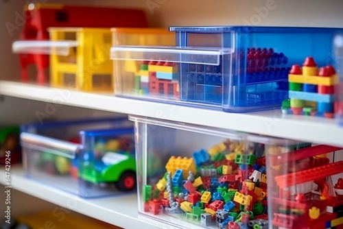 Transparent plastic box with colorful constructor pieces and storage baskets on shelves. Toys sorting system. Organizing and storage ideas in playroom. Generative AI