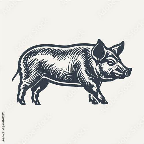 Detailed pork icon. Vintage woodcut engraving style vector illustration.
