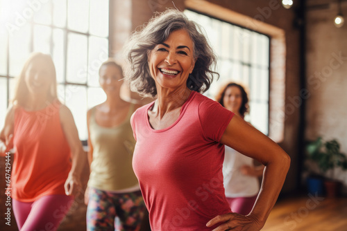 A group of middle-aged women enjoying a joyful dance class. Openly expressing their active lifestyle through Zumba or other dances with friends