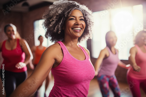A group of diverse middle-aged women enjoying a joyful dance class. Openly expressing their active lifestyle through Zumba or other dances with friends