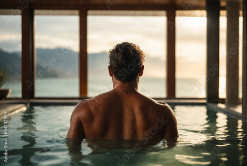 rear view, young man tourist in luxury beach hotel relaxing in hotel pool with hot springs, tropical exotic holidays vacation, tourism and travel 