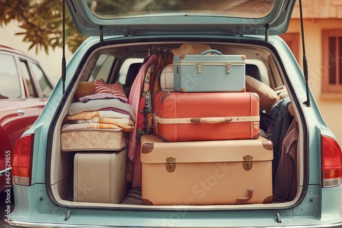 Moving boxes and suitcases in trunk of car. The concept of moving or long-term travel