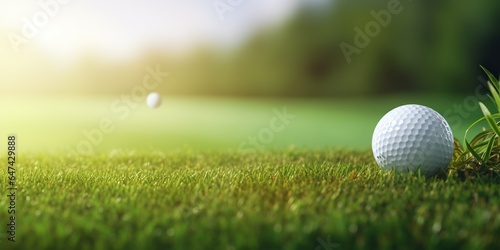 Golf ball on grass in fairway green background. Banner for advertising with copy space. Sport and athletic concept. 3D illustration rendering | Generative AI