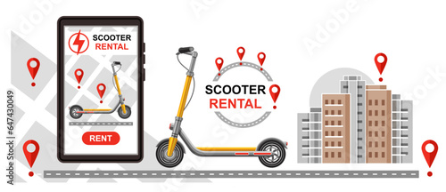 Electric kick scooter rental, online rent push e-scooter mobile phone app, electro motor bike sharing service. City road transport. Internet GPS navigation map route tracking. Parking station. Vector