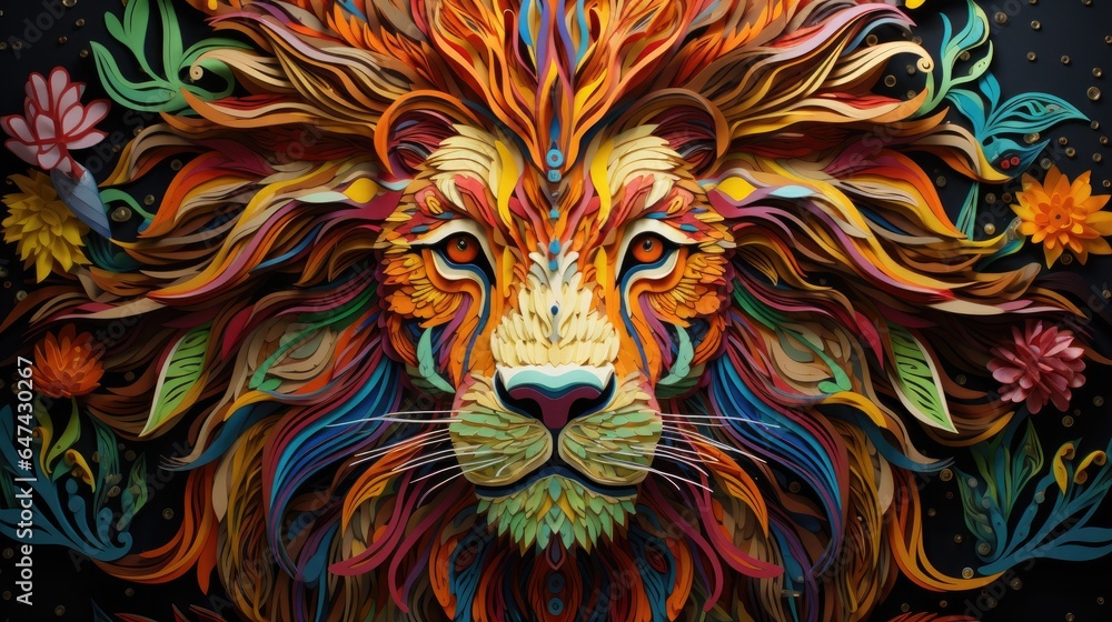 A painting of a lion surrounded by flowers. Paper. Generative AI.