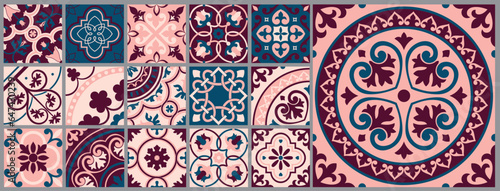 Mediterranean tile abstract geometric floral patterns. Portuguese culture, in romantic colors. Spanish majolica tile pattern. Vector illustration