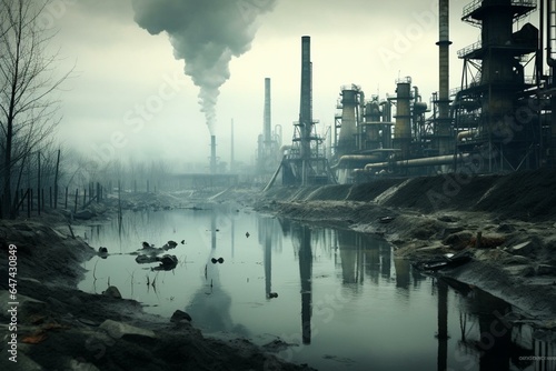 Factory producing gasoline on reservoir's shore. Generative AI © Everly