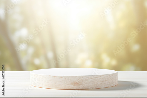 Wooden White Podium Against Simple Blurred Nature Background for Product Presentation