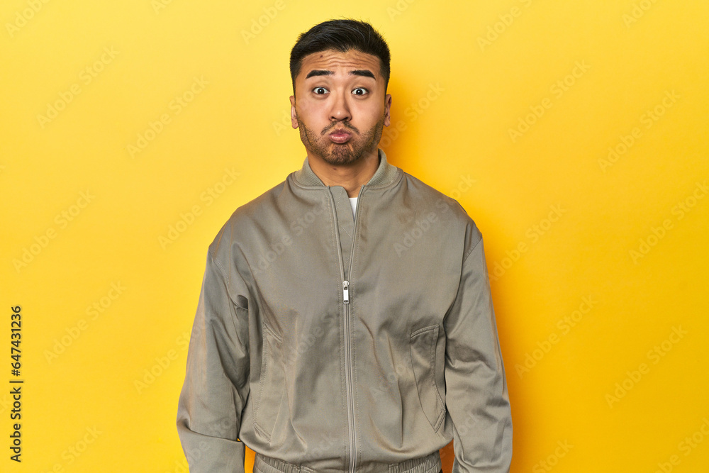 Stylish Asian man in gray jacket on yellow studio blows cheeks, has tired expression. Facial expression concept. Stylish Asian man in gray jacket on yellow studio blows cheeks, has tired expression. Facial expression concept.