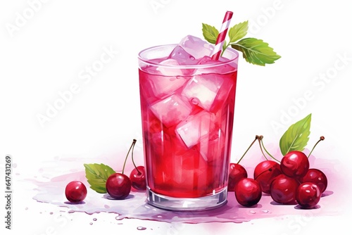 Pink cocktail with cranberries on a white background. Drink illustration. Generative AI