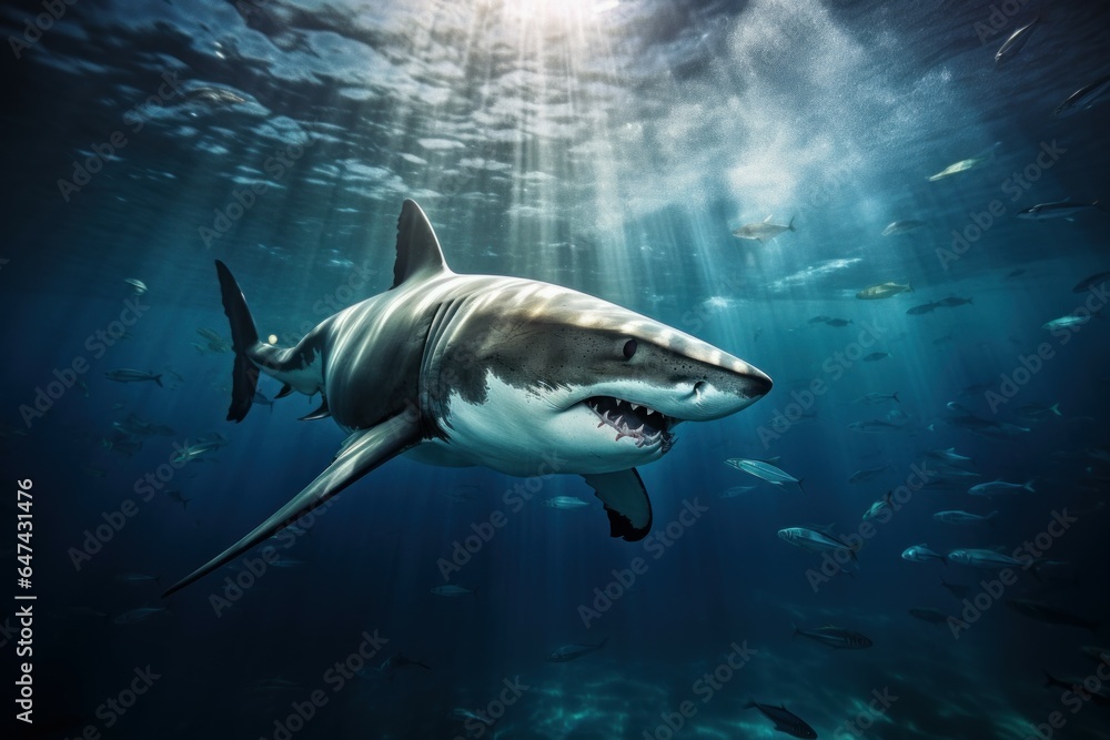 Sunlit Big shark underwater sunny. Generate Ai