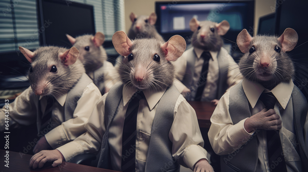Rats in formal attire packed in an office, symbolizing the 9-to-5 grind and challenging work conditions; a visual commentary on the rat race. - obrazy, fototapety, plakaty 