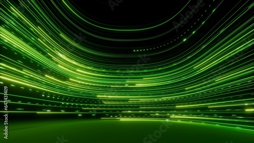 Fototapeta Naklejka Na Ścianę i Meble -  3d render, abstract wallpaper. Green neon lines over black background. Streaming energy. Particles moving and leaving glowing tracks