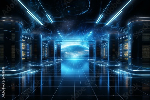 Dark and futuristic data center with computers, storage systems, and glowing elements. Generative AI