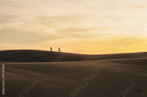 two people walk in dunes