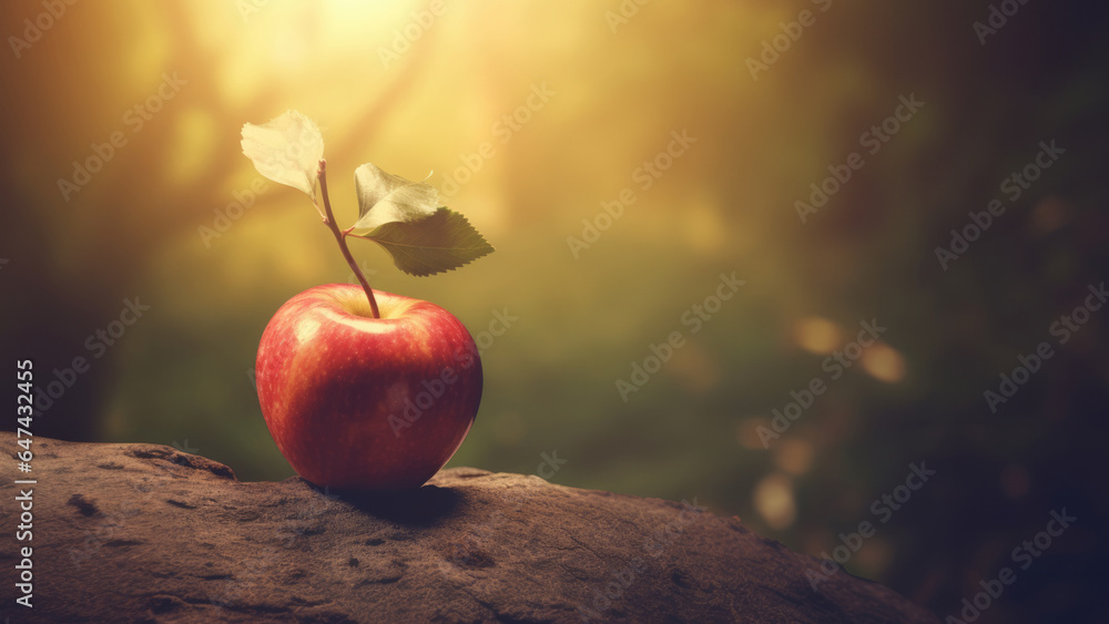 The original sin, the forbidden fruit. Red apple with leaf  - obrazy, fototapety, plakaty 