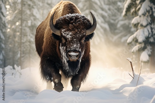 Majestic Bison snow forest. Generate Ai