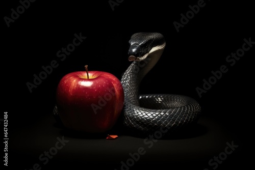 The original sin, the forbidden fruit. Red apple and snake on a black background. 