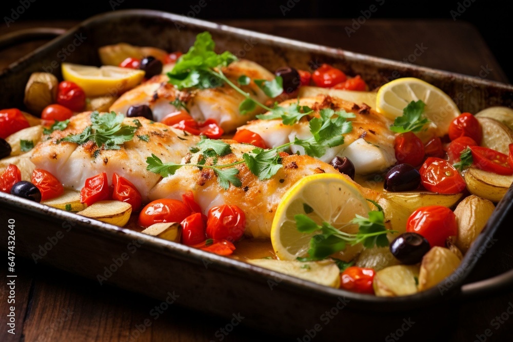 Delicious oven-baked cod with tomato, potatoes, olives, and red pepper - a hearty family dinner. Generative AI