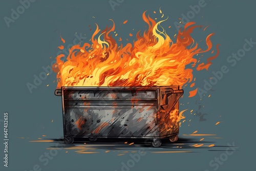 Illustration of burning dumpster on gray background in high resolution. Generative AI photo