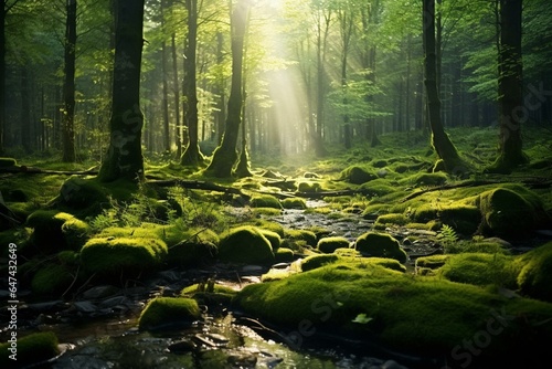 Morning sun illuminating a moss-covered glade in a forest panorama. Generative AI