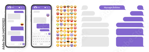 Smartphone messaging app, user interface design with emoji. SMS text frame. Chat screen with violet message bubbles. Texting app for communication. Social media application. Vector illustration